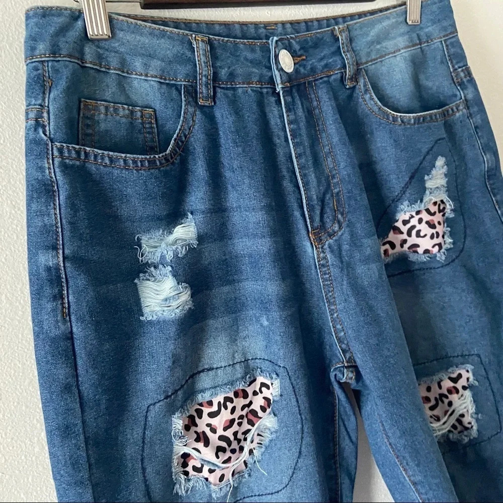 Distressed Leopard Patchwork Jeans High Waist Funky Pink Purple Stitching Medium - Picture 5 of 14